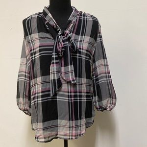 New York & Company - Plaid V-Neck Blouse with Sheer Bow Accent (NWT)